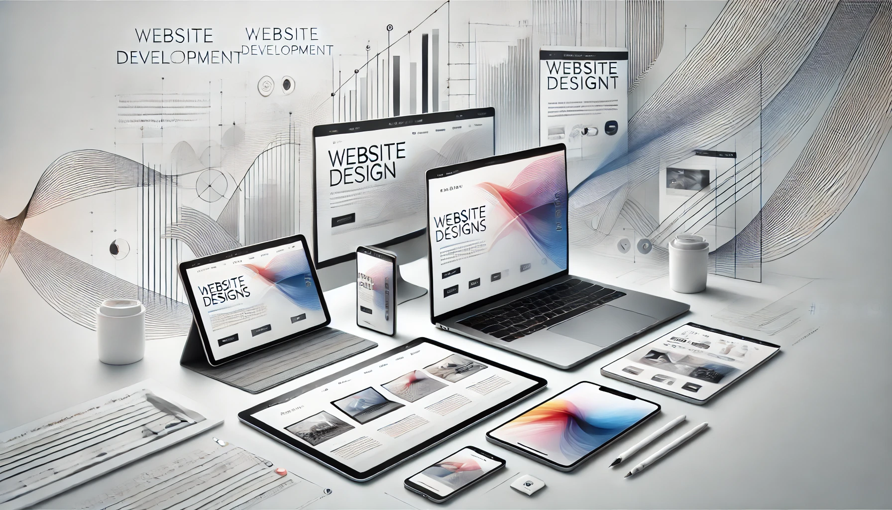 בניית אתר לעסק - A modern and sleek horizontal background image for a website development business. The design features a clean white background with stronger accents